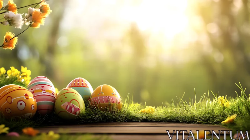 Colorful Easter eggs on spring grass in soft morning light.