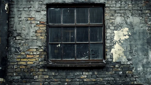 Weathered brick wall with single multi-pane industrial window.