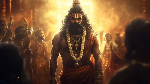 Sun-forged warrior sage strides through swirling devotion.