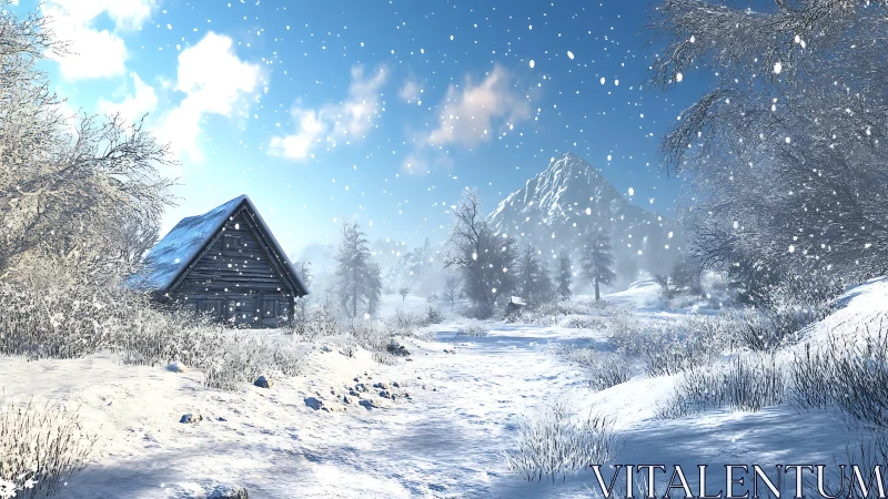 Procedural alpine winter landscape with cabin and snowfall.