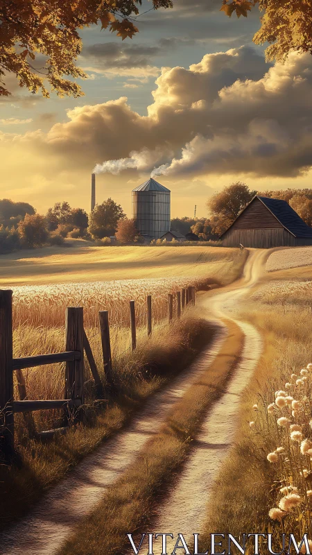 Sunlit country lane curling past golden fields and smoke.