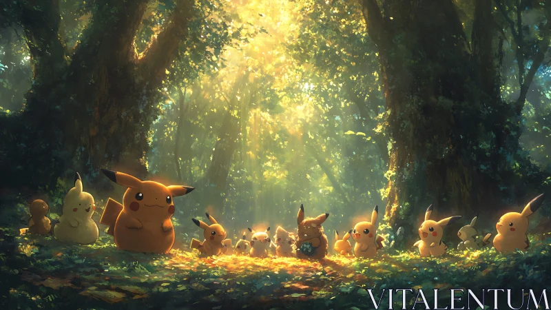 Pikachu Forest Gathering. Enchanted woodland congregation.