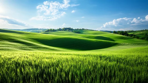 Sunlit cereal fields undulate across rolling verdant hills