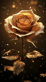 Golden rose glows with dewdrops in dramatic warm light.