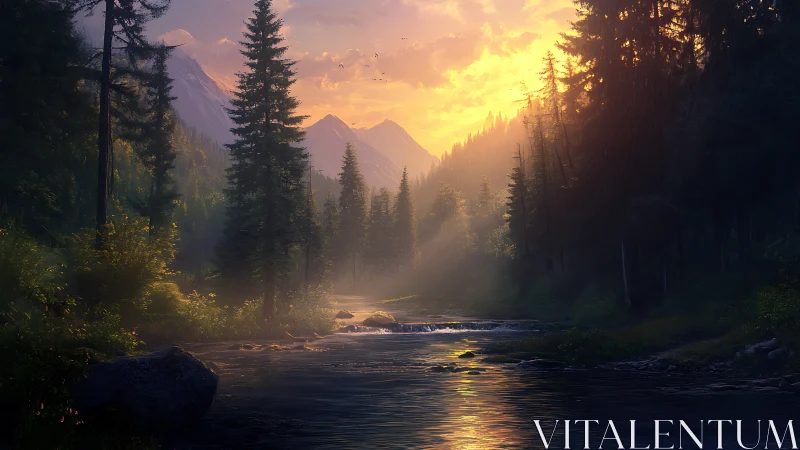 Mountain Forest Valley with River at Golden Hour Sunset