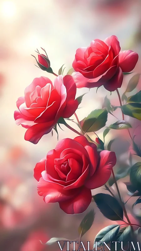 Velvet Petals Dance: Three Red Roses in Luminous Reverie.