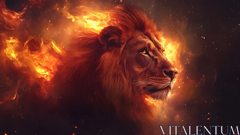 Lion head rendered in profile within controlled flame effects