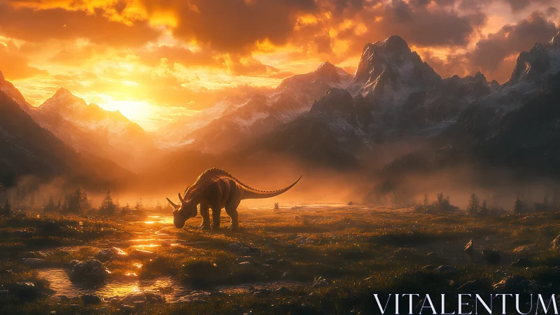 Sunlit dinosaur wandering in misty alpine valley at dusk.