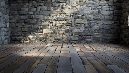 Rustic stone wall and wooden floor in controlled studio lighting