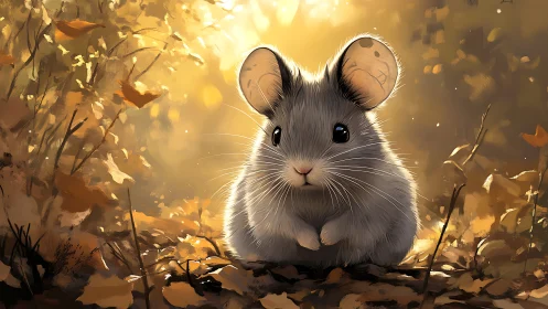 Backlit autumn forest mouse rendered in soft digital painting
