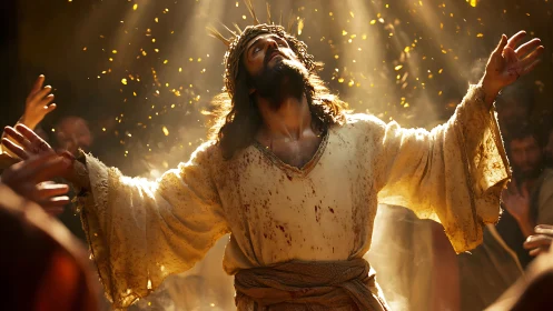 Radiant robed figure uplifted in golden, divine light.