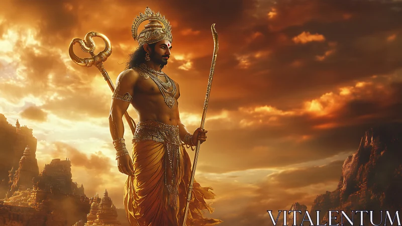 Digital painting of mythic warrior under dramatic sunset sky.