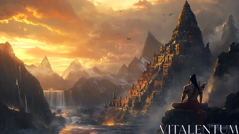 Warrior gazes at sunlit mountain temple in misty valley