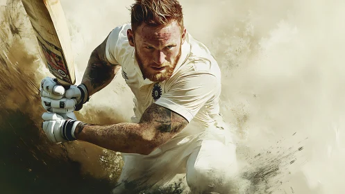 Dynamic cricket batsman drives ball through dust storm.