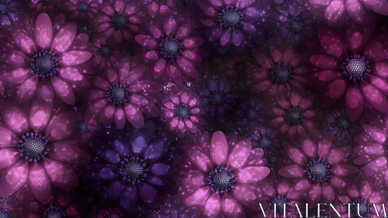 Glowing violet fractal blossoms drift in a dreamy cosmic haze