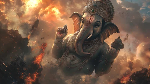Gentle elephant deity rising through swirling fiery skies.