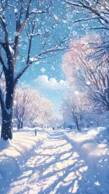 Sunlit winter path under softly drifting snowflakes.