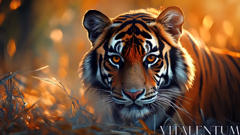 Golden hour tiger gazing softly through glowing forest grass.