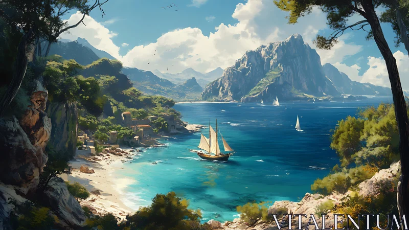 Coastal inlet with sailing vessels and distant rocky island