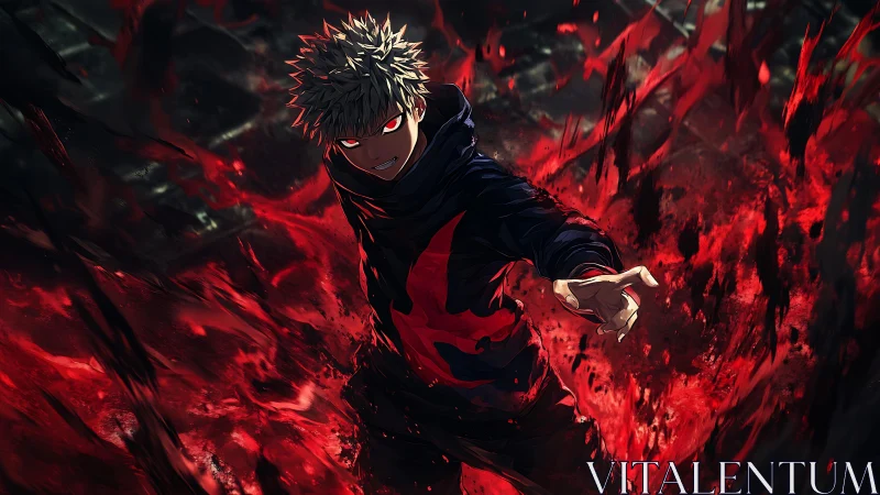 Fierce anime hero rising from swirling red energy storm.