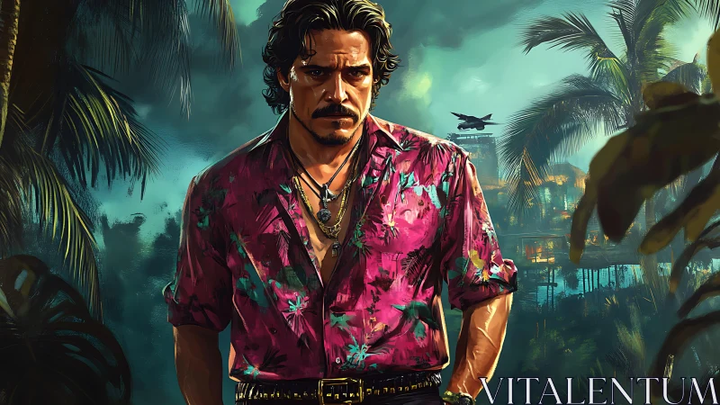 Tropical crime operative in neon-lit lagoon environment.