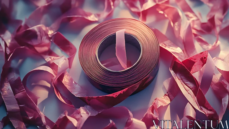 Pink ribbon spool with dispersed silk petals in luminous light