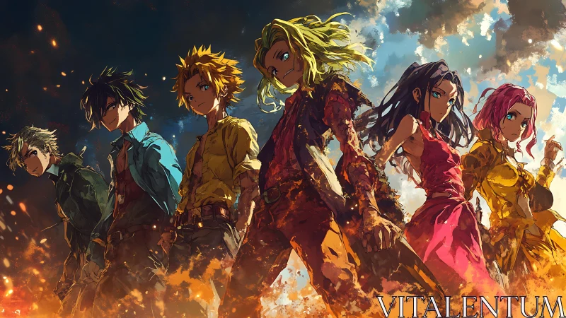 Heroic anime squad strides through embers with dynamic lighting.