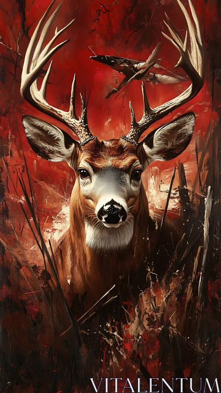 Majestic stag portrait in expressive crimson forest abstraction.