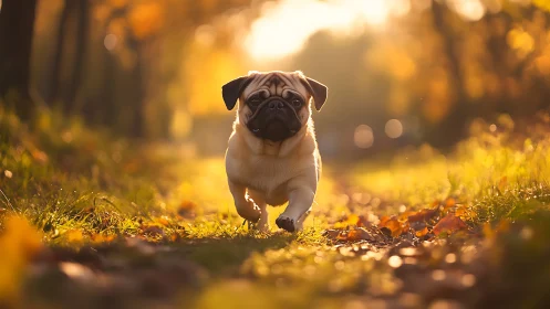 Pug comet trotting through golden autumn glow trail.