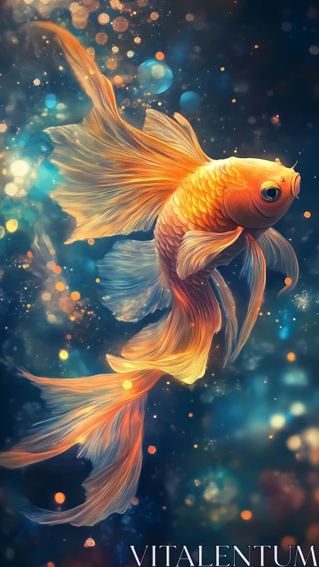 Orange goldfish with extended fins in illuminated water.