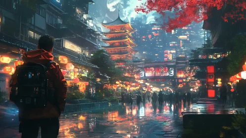 Neon rain stitches the lone traveler into a glowing temple street