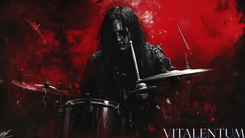 Drummer with long hair performing amid dense red smoke.