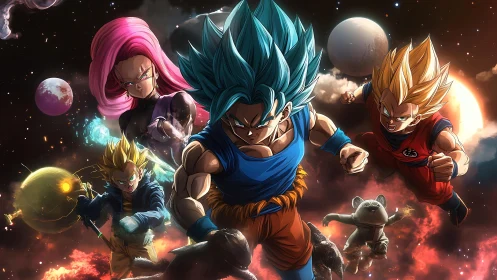 Cosmic warriors ignite a blazing charge through shattered skies.