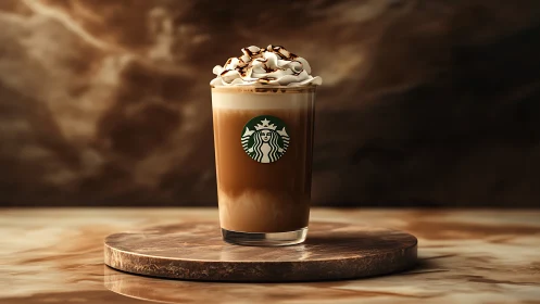 Starbucks iced coffee beverage on marble pedestal, bokeh backdrop