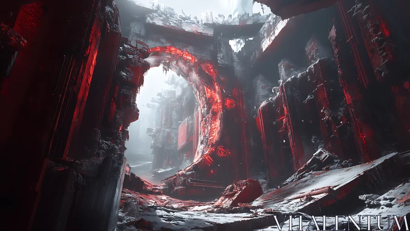 Ruined red sci fi tunnel in frozen industrial canyon