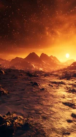 Alien desert sunrise over molten ridges under amber sky