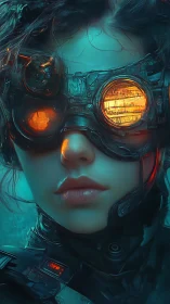 Cybernetic scout with glowing optics in teal haze.