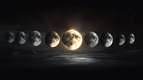 Lunar phases align over shadowed desert under star-dense sky.