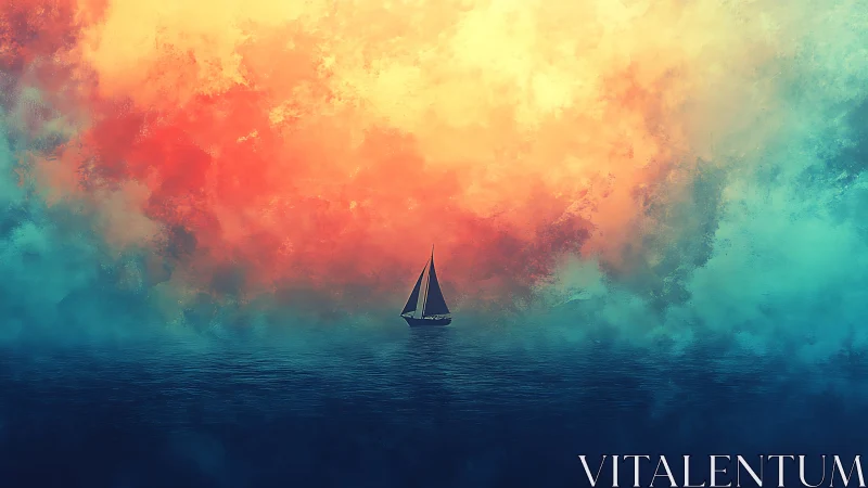 Lone sailboat moves across calm water under vivid sky