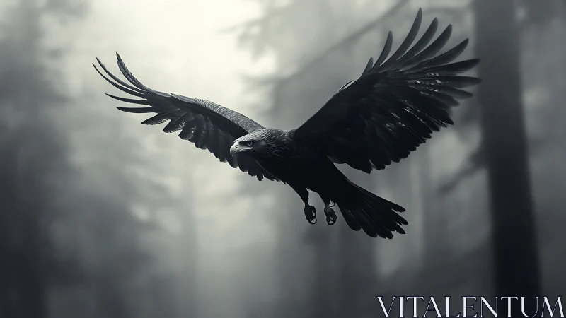 Predatory raptor glides through monochrome misted forest air