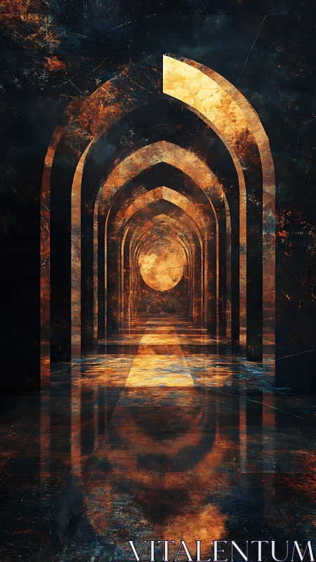 Golden arches glow in a deep cosmic tunnel of light