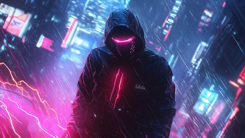 Neon hooded figure walking through a rain soaked cyber city.