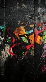 Street graffiti erupts in neon color against weathered black wall.