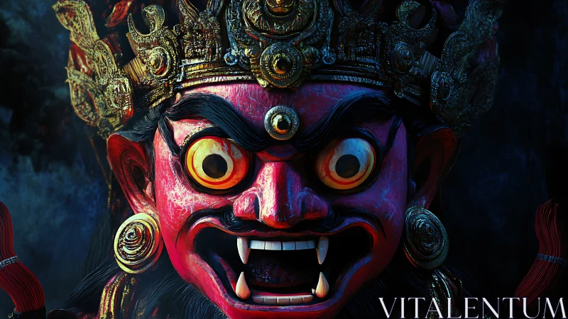 Ornate demonic mask with exaggerated eyes and fanged mouth.