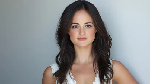 Confident brunette woman portrait against soft gray wall.