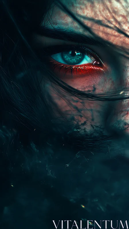 Cyan human eye in extreme close-up under dramatic teal light