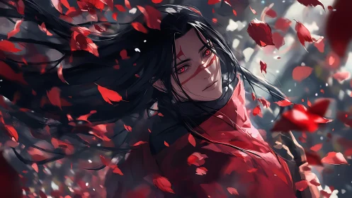 Scarlet petals orbit a silent warrior with ember-bright eyes