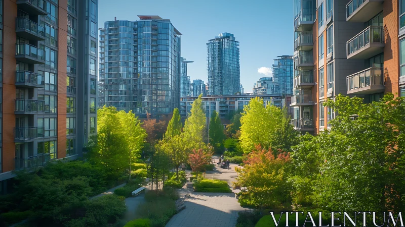 Urban towers cradle a luminous garden canyon of green calm.