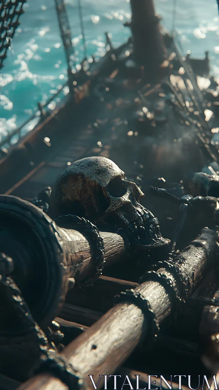 Weathered pirate skull rests on a sunlit ghostly deck
