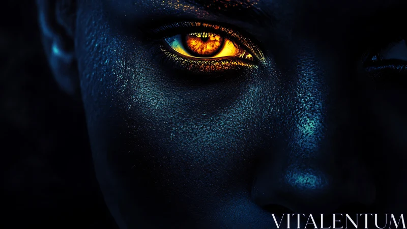 Close-up view of dark face with luminous golden eye detail.